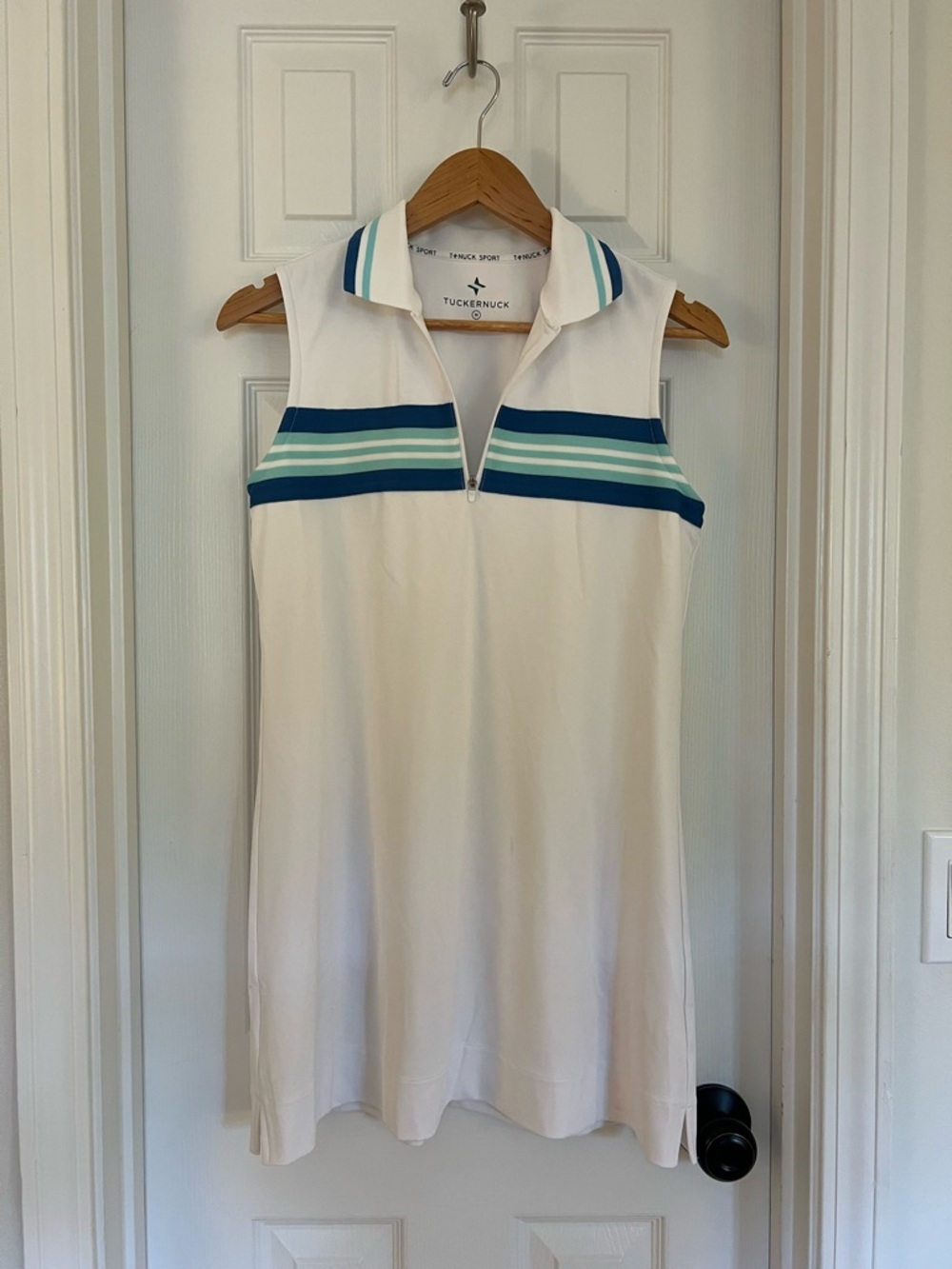 Tuckernuck White Sleeveless Polo Dress with Blue Stripe Accents
